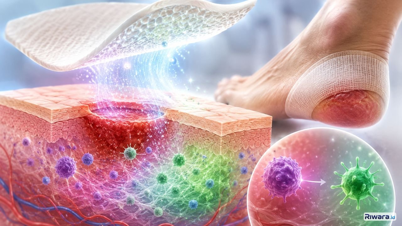 Ilustrasi teknologi perban biologis inovatif untuk luka diabetes kronis yang dikembangkan peneliti Texas AM University Material biomedis ini dirancang membantu regenerasi jaringan kulit